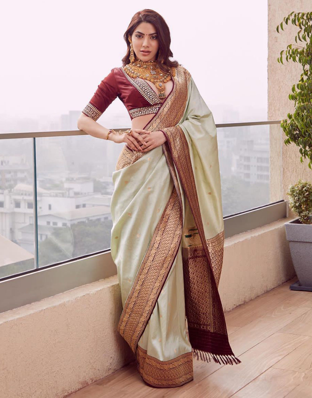 Tea Green & Coffee Soft Banarasi Silk With Zari Weaving Work