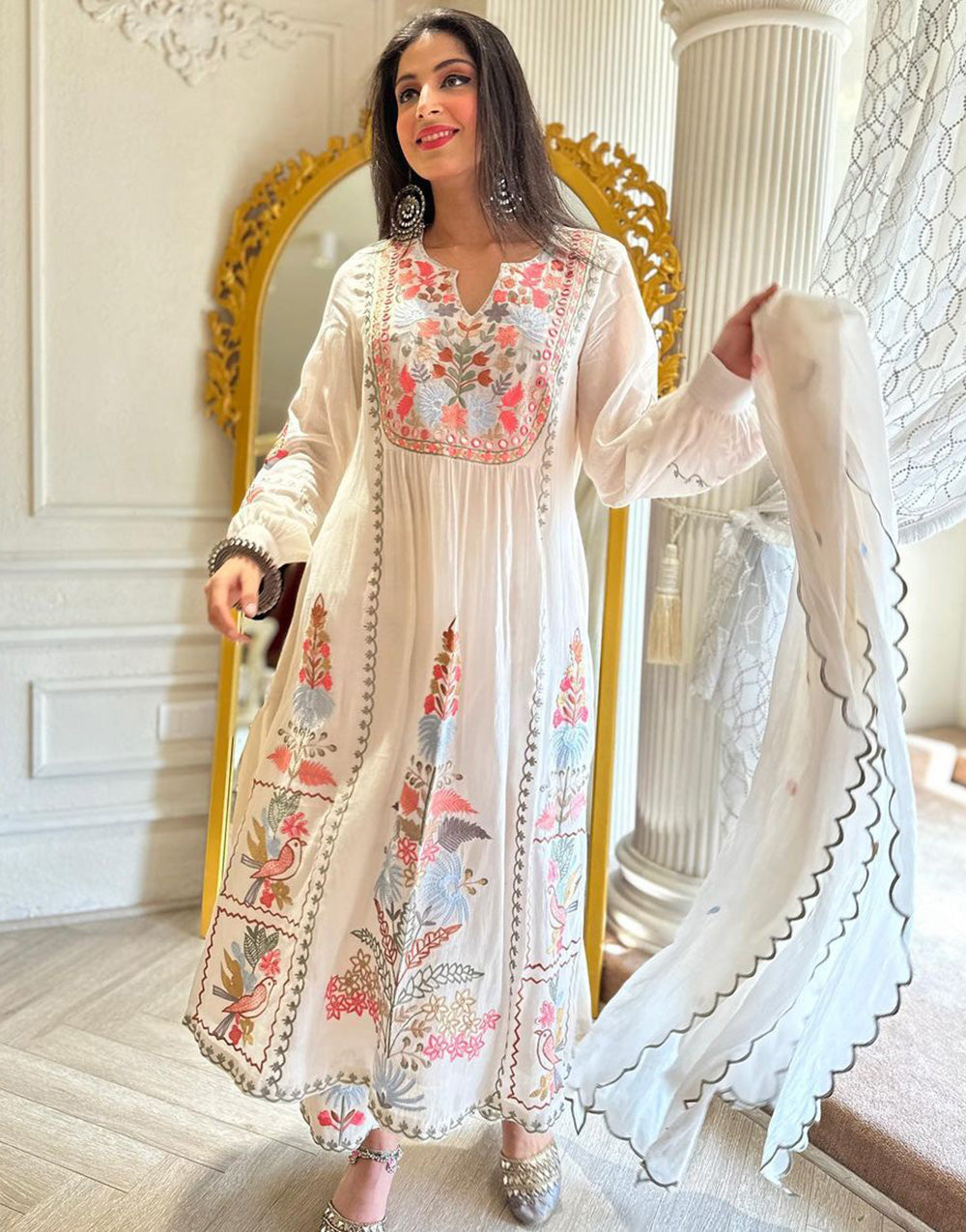 White Georgette Embroidery & Mirror Work Kurti Plazzo