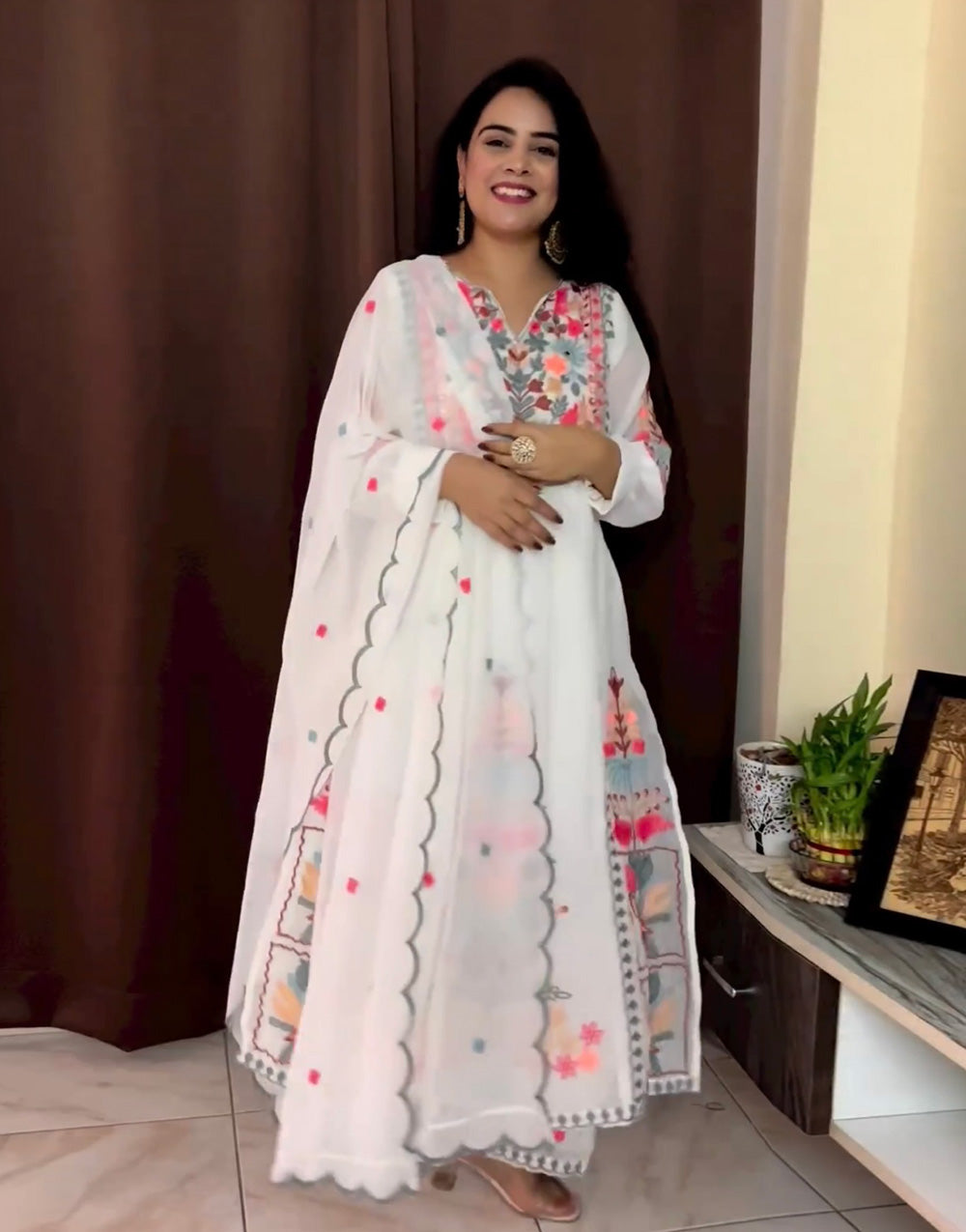 White Georgette Embroidery & Mirror Work Kurti Plazzo