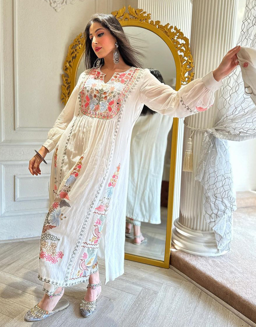 White Georgette Embroidery & Mirror Work Kurti Plazzo