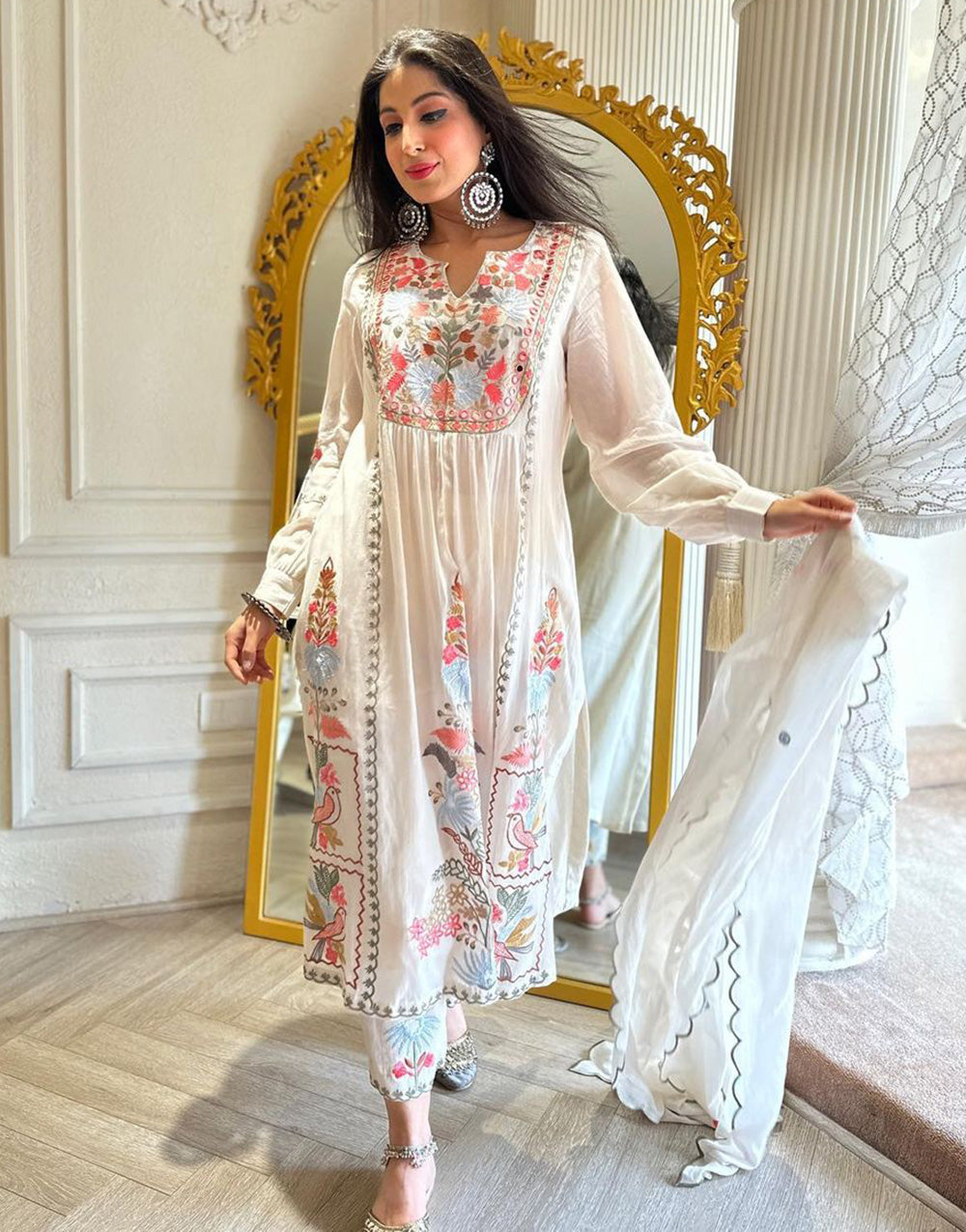 White Georgette Embroidery & Mirror Work Kurti Plazzo