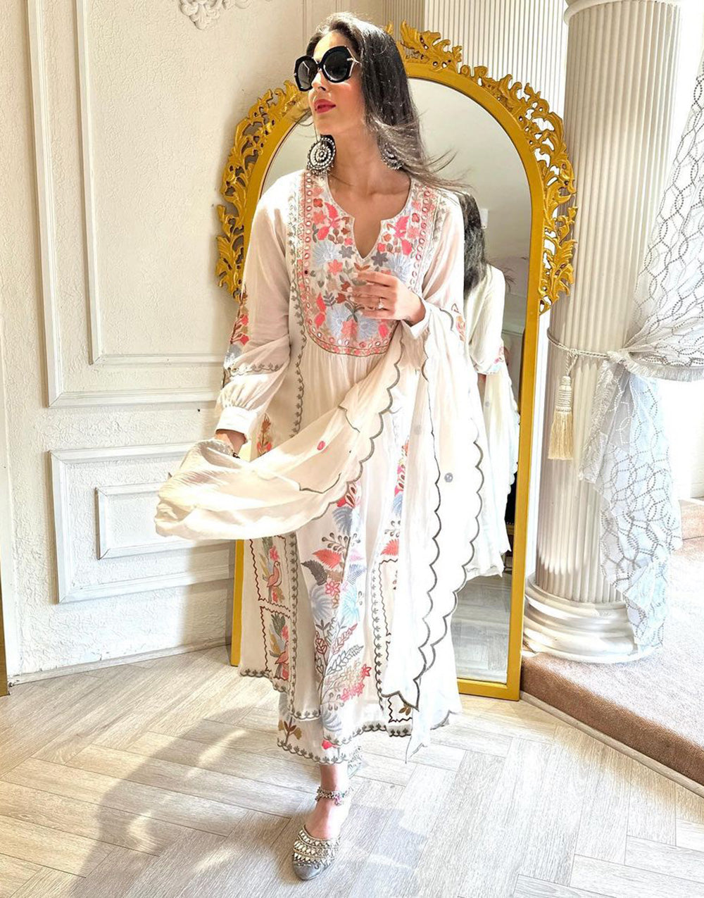 White Georgette Embroidery & Mirror Work Kurti Plazzo