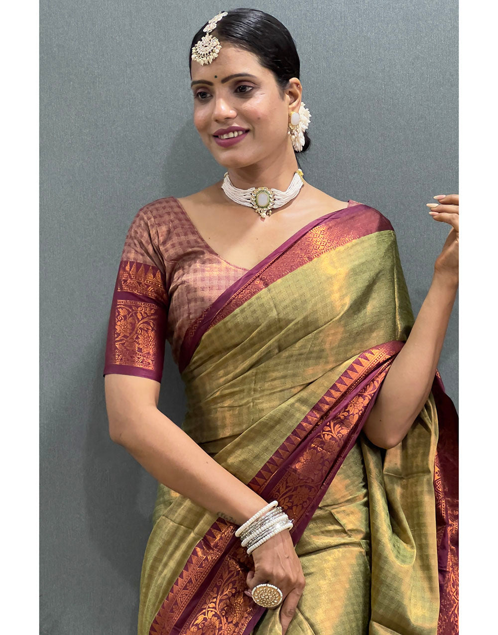 Pista Green & Brown Banarasi Silk Saree With Weaving Work