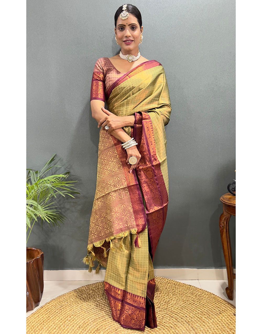 Pista Green & Brown Banarasi Silk Saree With Weaving Work
