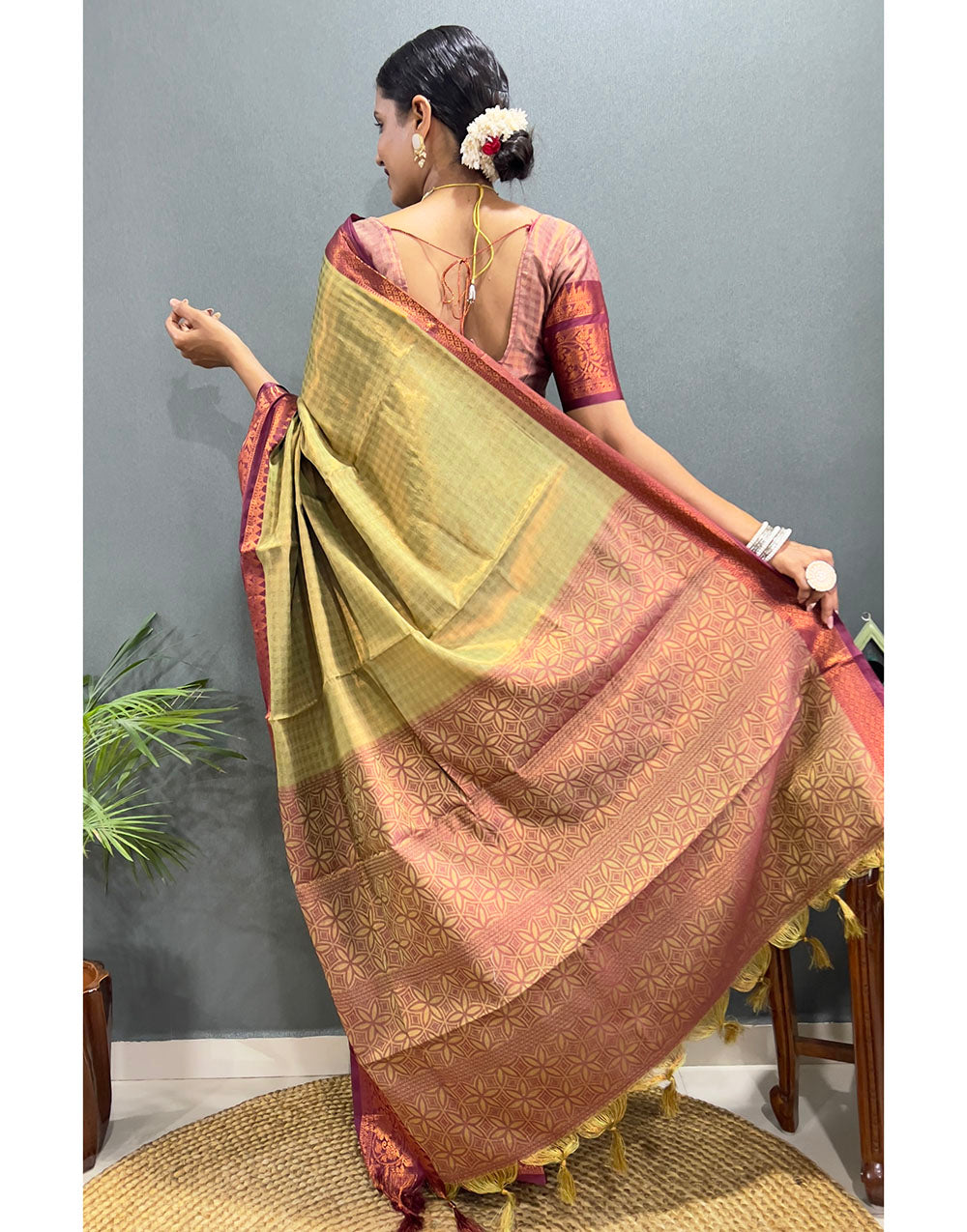 Pista Green & Brown Banarasi Silk Saree With Weaving Work