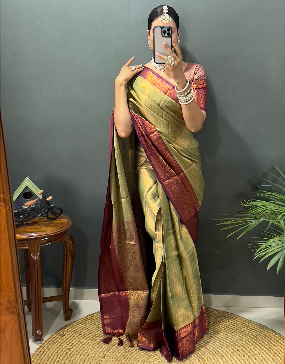 Pista Green & Brown Banarasi Silk Saree With Weaving Work