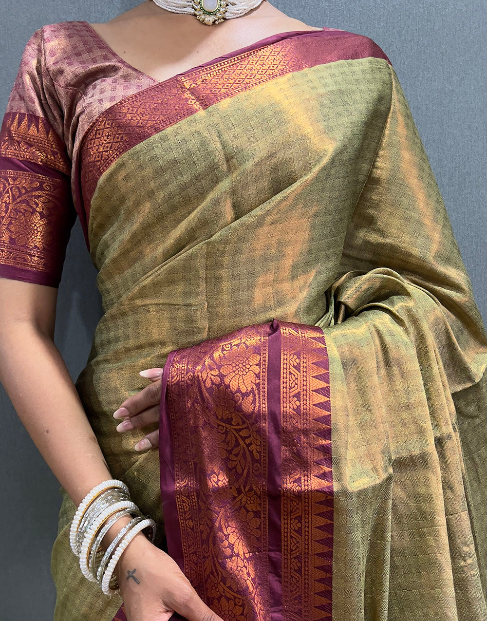 Pista Green & Brown Banarasi Silk Saree With Weaving Work