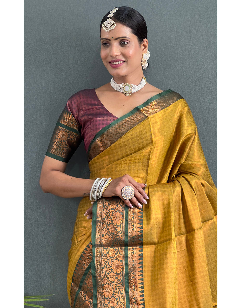 Yellow & Dark Green Banarasi Silk Saree With Weaving Work