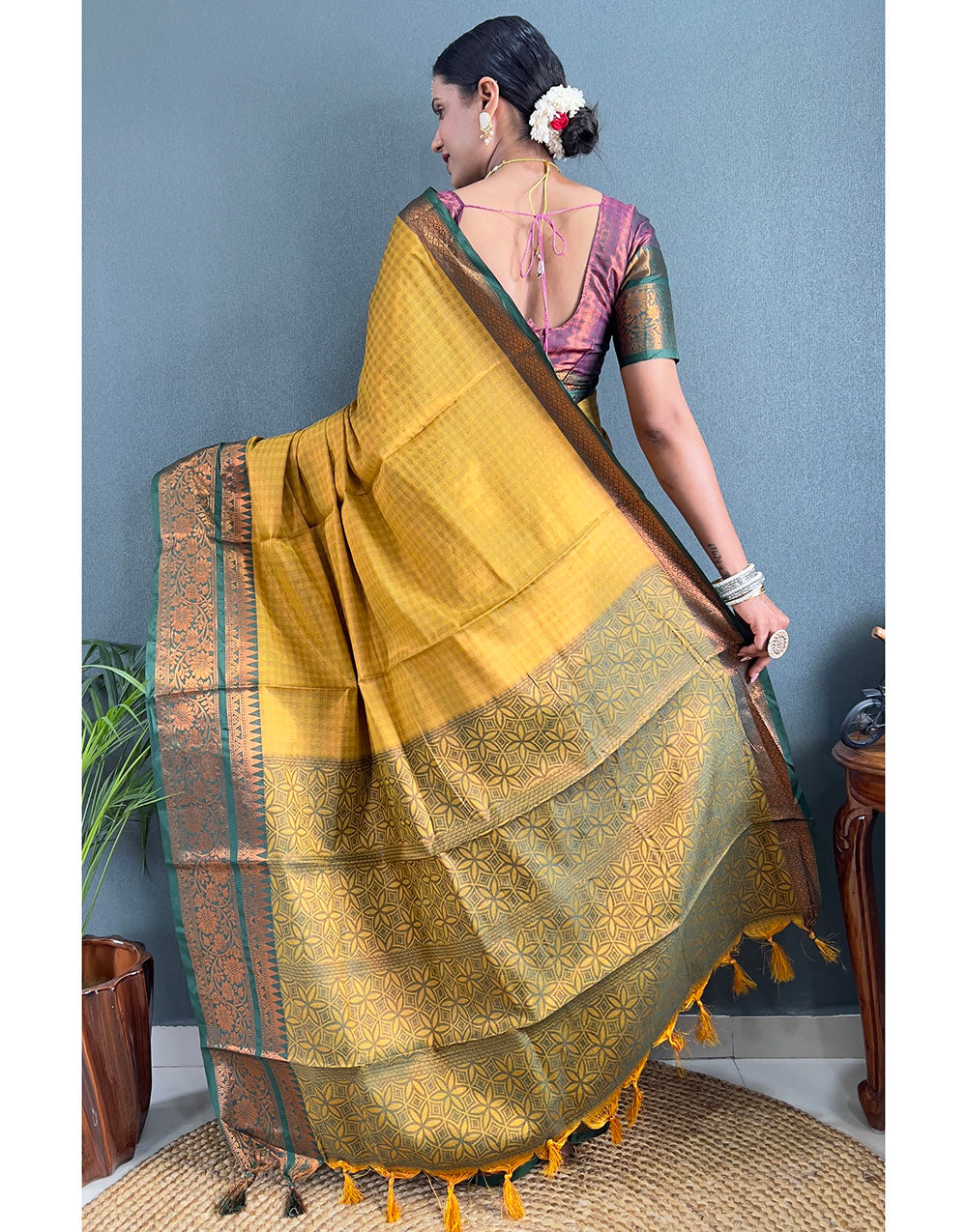 Yellow & Dark Green Banarasi Silk Saree With Weaving Work
