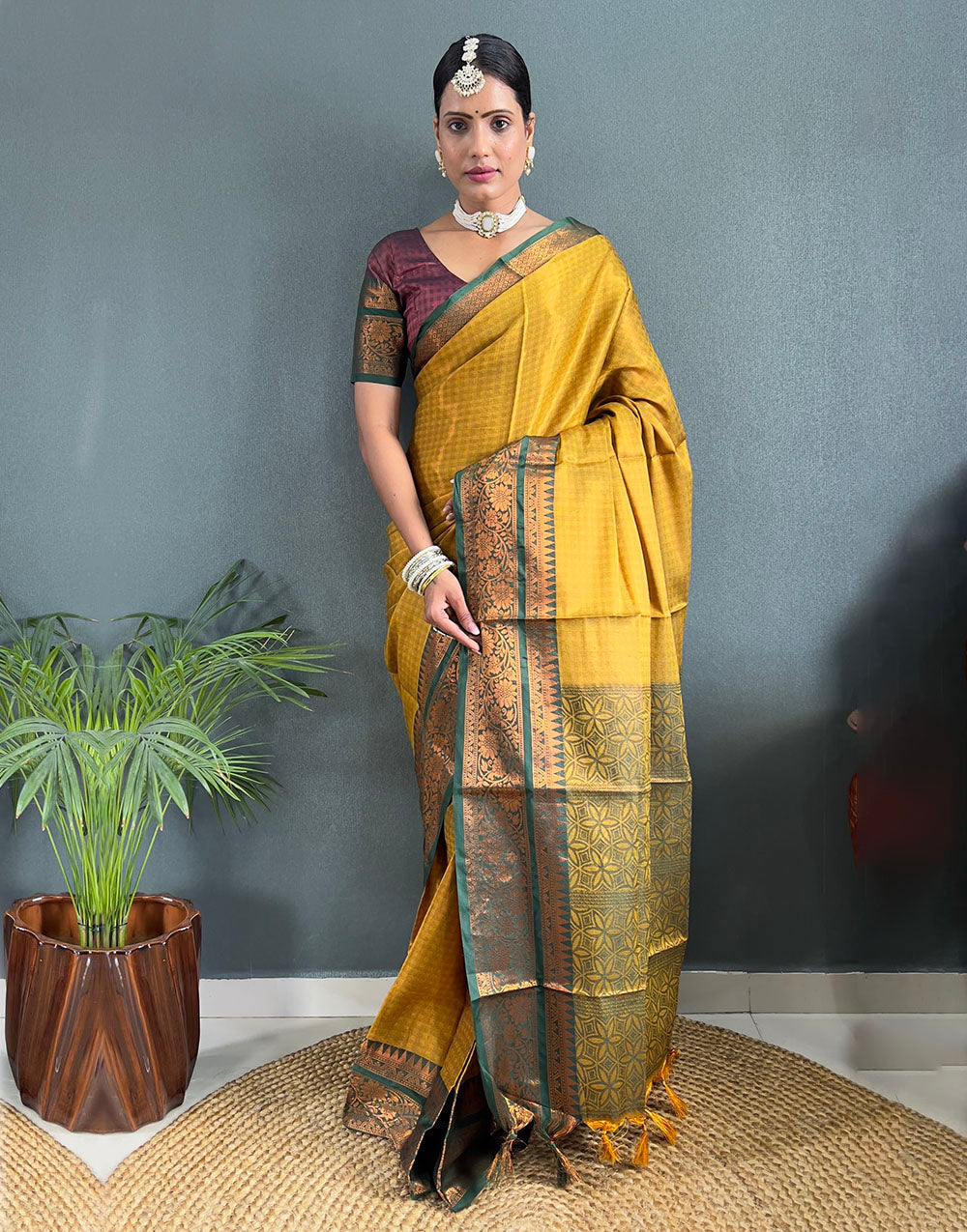 Yellow & Dark Green Banarasi Silk Saree With Weaving Work