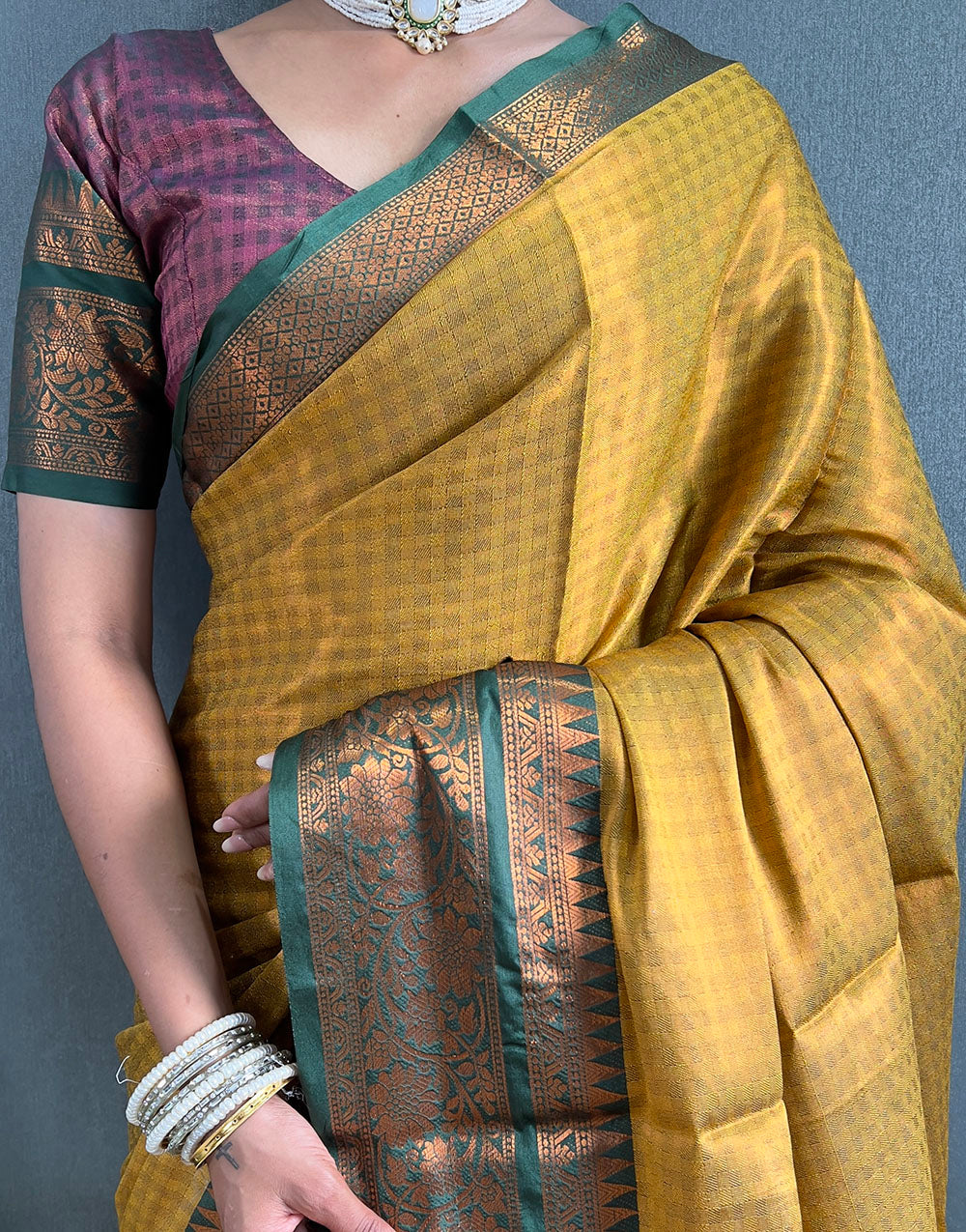 Yellow & Dark Green Banarasi Silk Saree With Weaving Work
