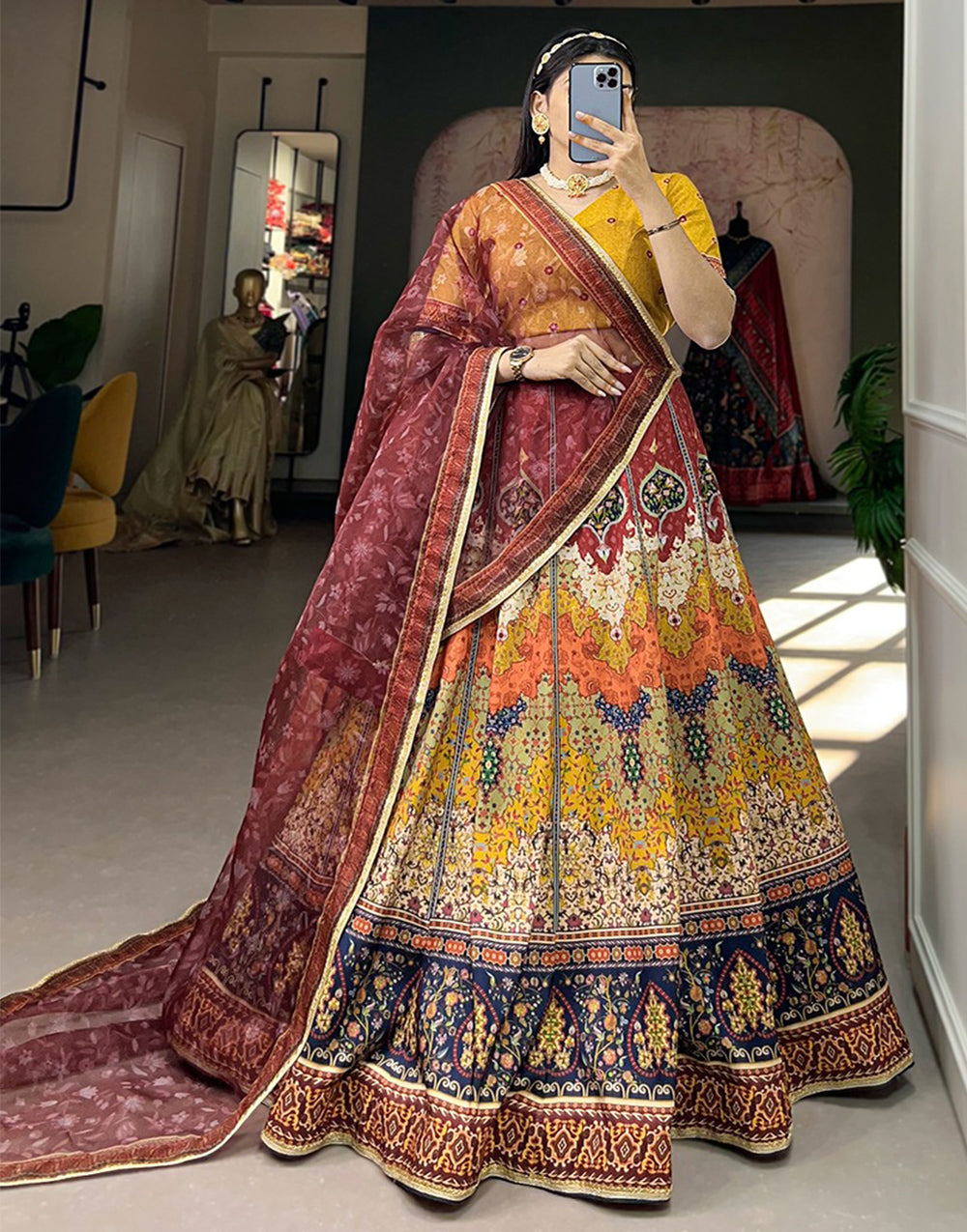 Multi Color Silk With Printed & Sequence Lace Border Lehenga Choli
