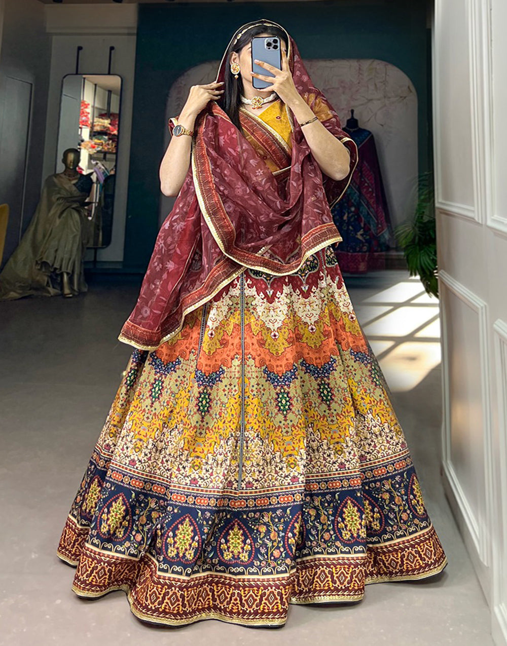 Multi Color Silk With Printed & Sequence Lace Border Lehenga Choli