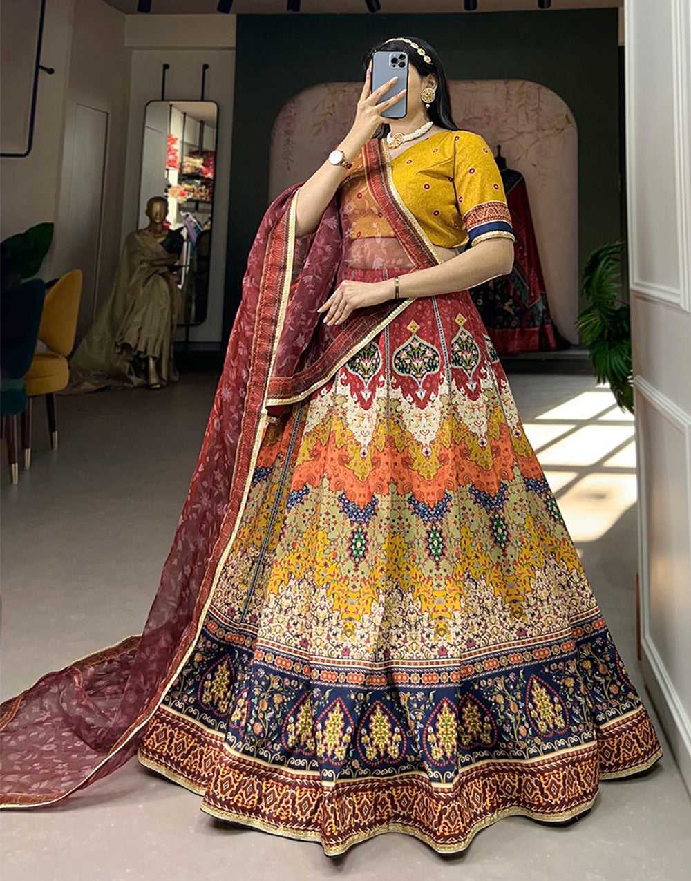 Multi Color Silk With Printed & Sequence Lace Border Lehenga Choli