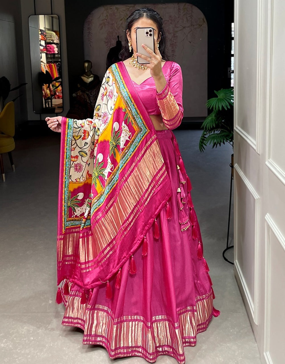 Pink  Gaji Silk With Dyeing And Lagdi Patta Lehenga Choli