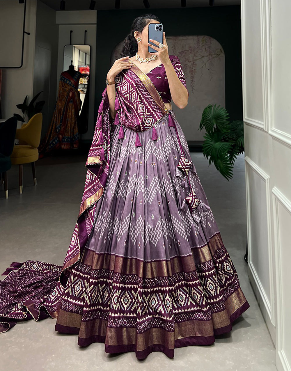 Wine Tussar Silk With Printed Lehenga Choli