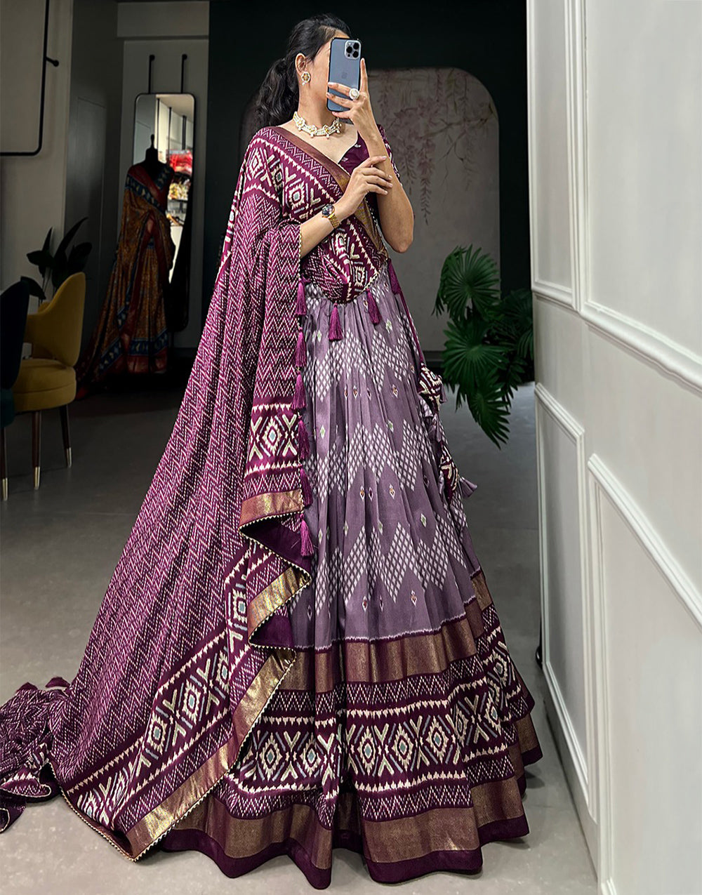 Wine Tussar Silk With Printed Lehenga Choli