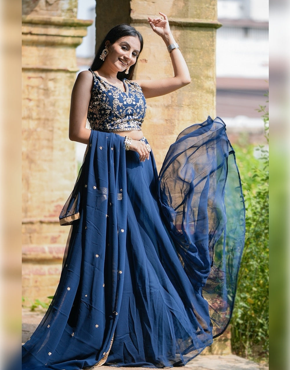 Navy Blue Georgette With Sequence & Thread Embroidery Lehenga Choli