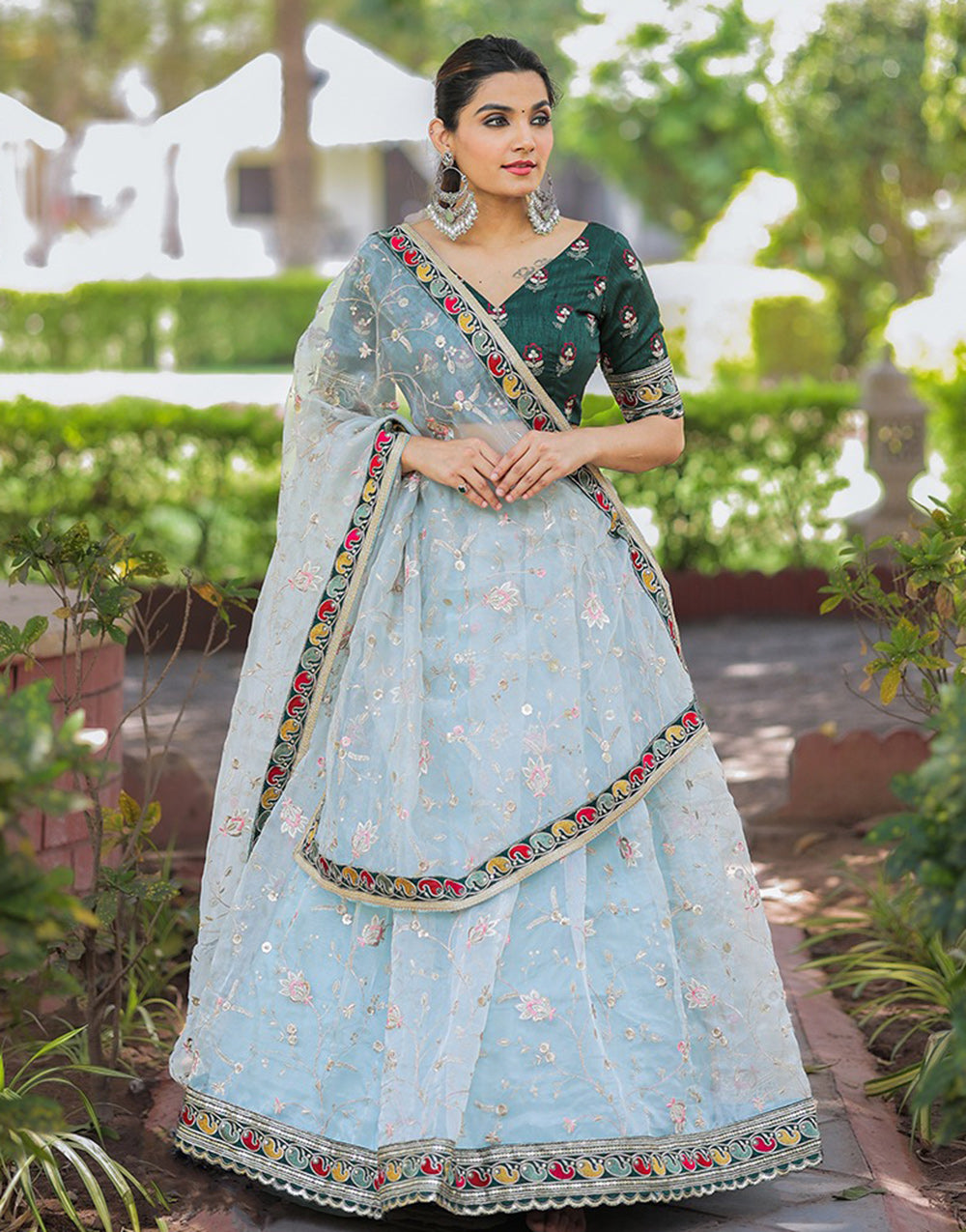Baby Blue Organza With Thread Embroidery Sequins Lehenga Choli