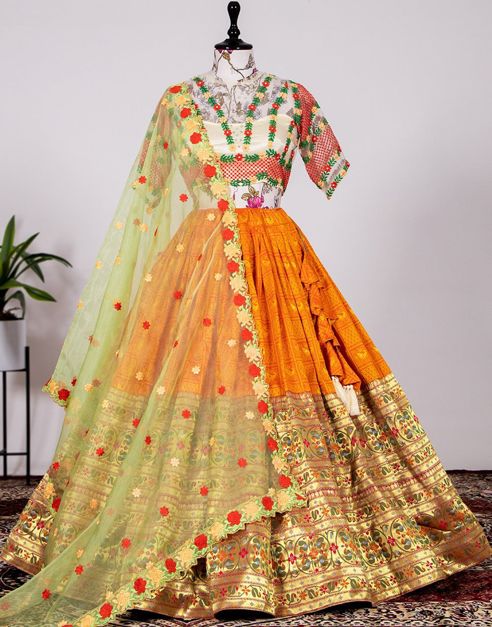Orange Paithani With Zari Weaving & Thread Embroidery Work & Hand Work Lehenga Choli