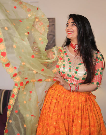 Orange Paithani With Zari Weaving & Thread Embroidery Work & Hand Work Lehenga Choli