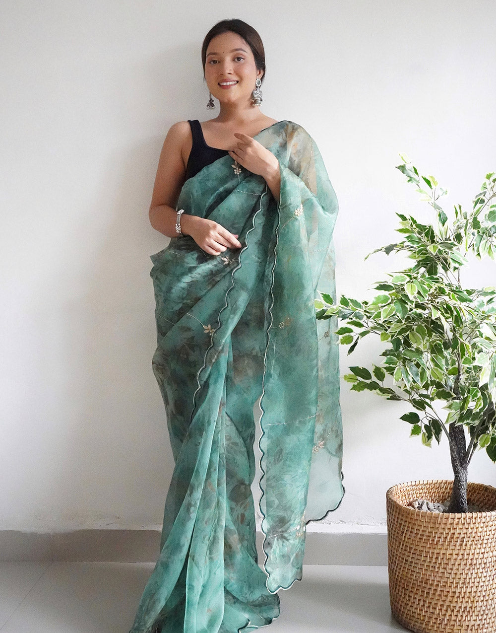 Green Organza Digital Printed Saree With Handwork & Cut Work Border
