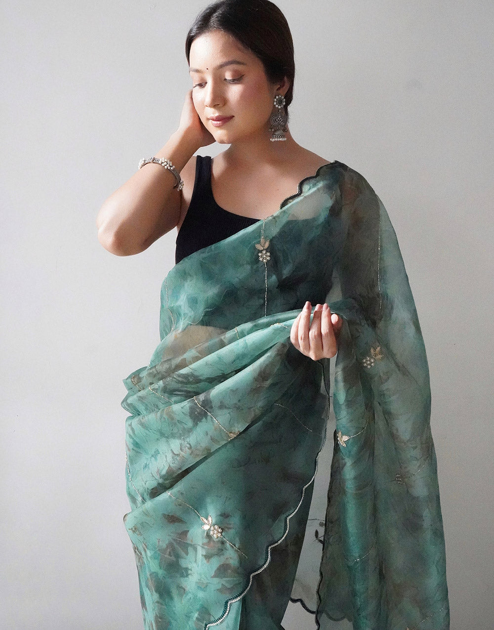 Green Organza Digital Printed Saree With Handwork & Cut Work Border