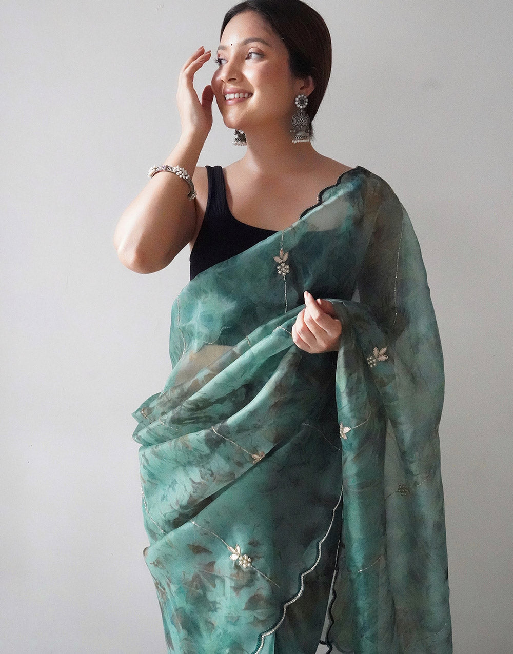 Green Organza Digital Printed Saree With Handwork & Cut Work Border