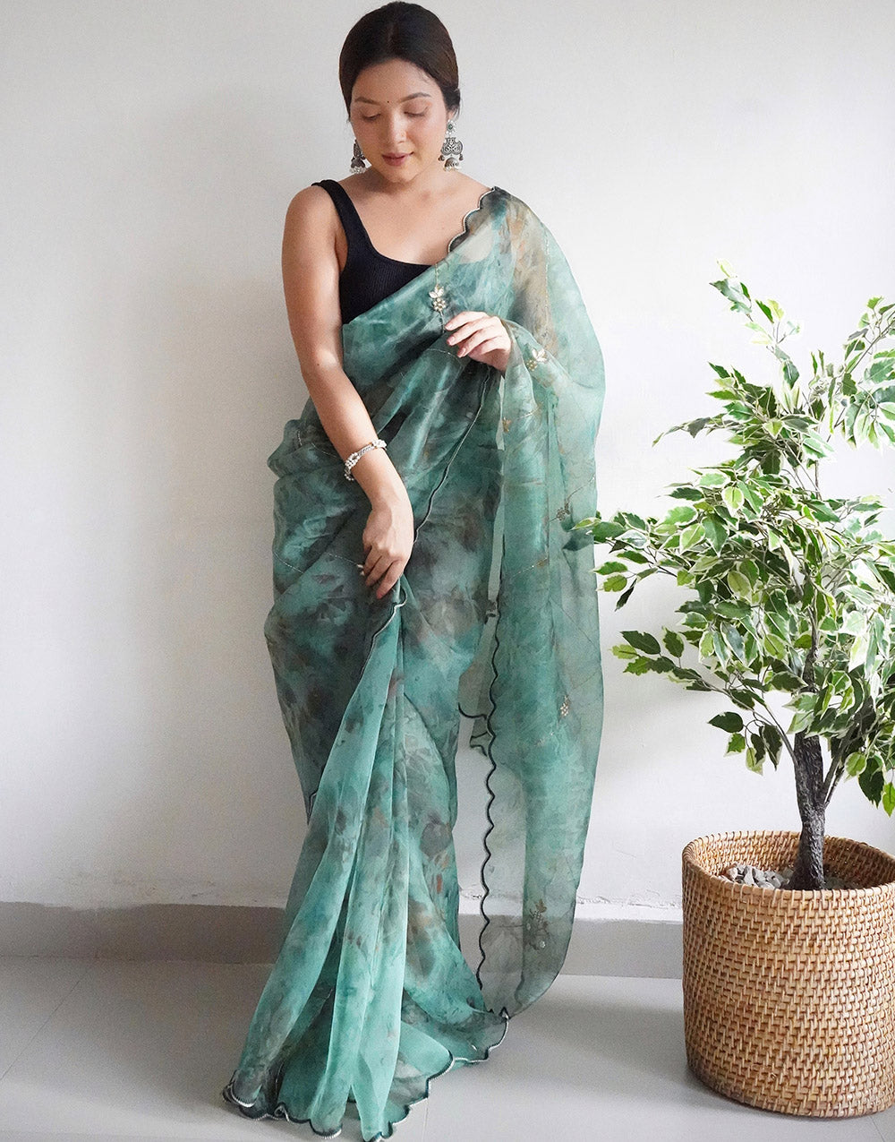 Green Organza Digital Printed Saree With Handwork & Cut Work Border