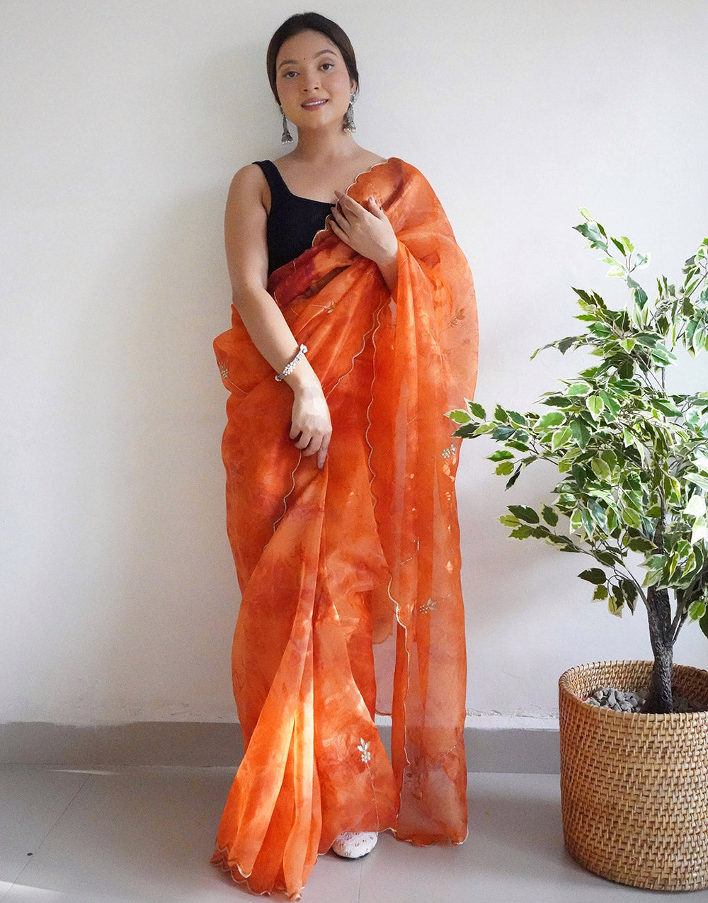 Orange Organza Digital Printed Saree With Handwork & Cut Work Border