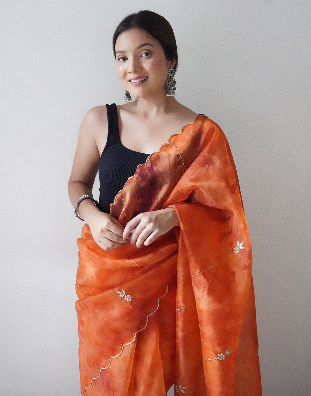 Orange Organza Digital Printed Saree With Handwork & Cut Work Border