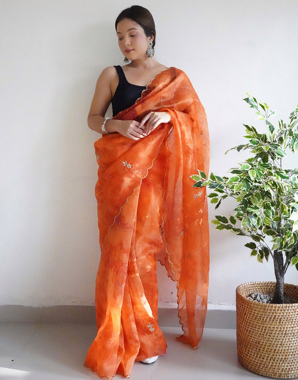 Orange Organza Digital Printed Saree With Handwork & Cut Work Border