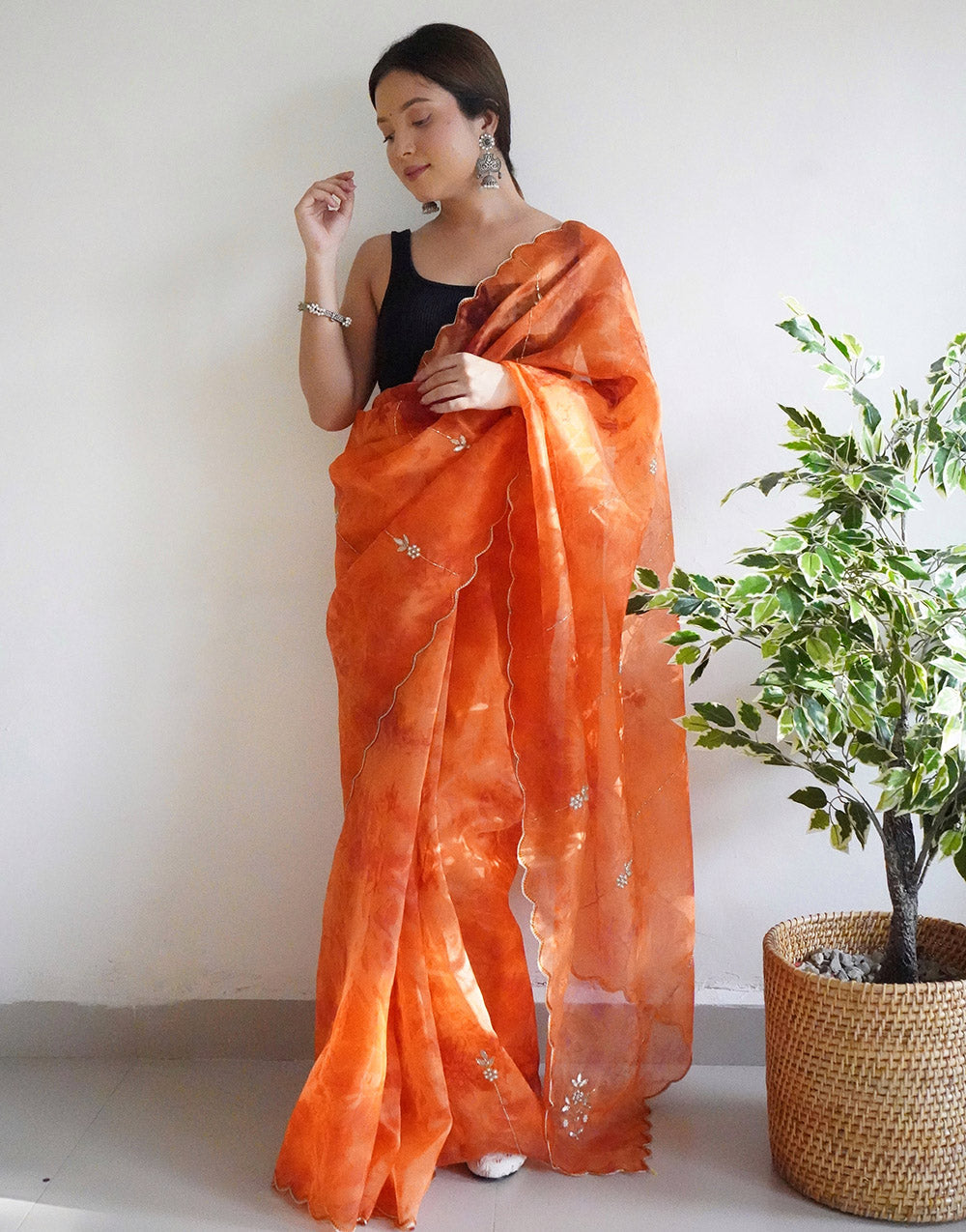 Orange Organza Digital Printed Saree With Handwork & Cut Work Border