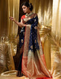 Dark Navy Blue Banarasi Silk Saree With Zari Weaving Work