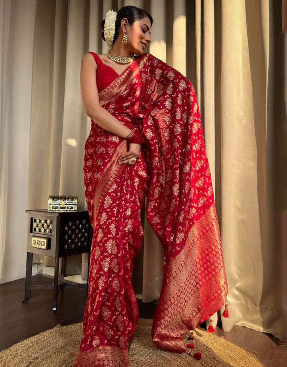 Red Banarasi Silk Saree With Zari Weaving Work