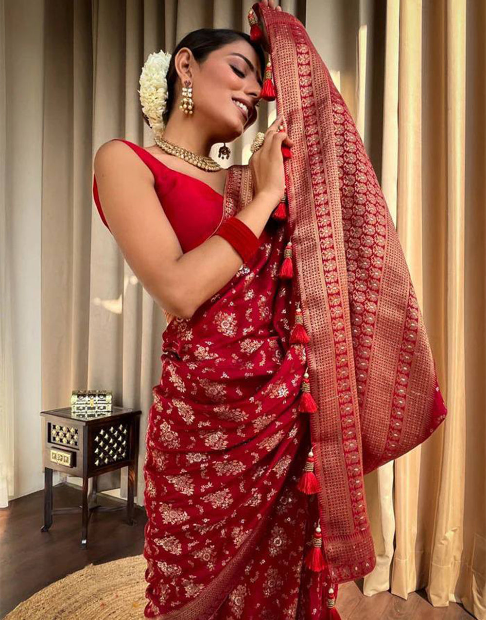 Red Banarasi Silk Saree With Zari Weaving Work