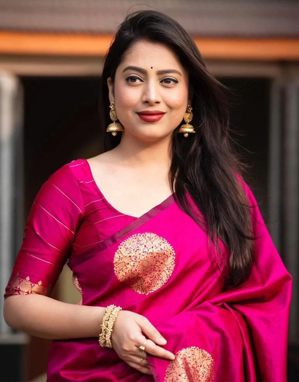 Ruby Pink Silk Saree With Zari Weaving Work