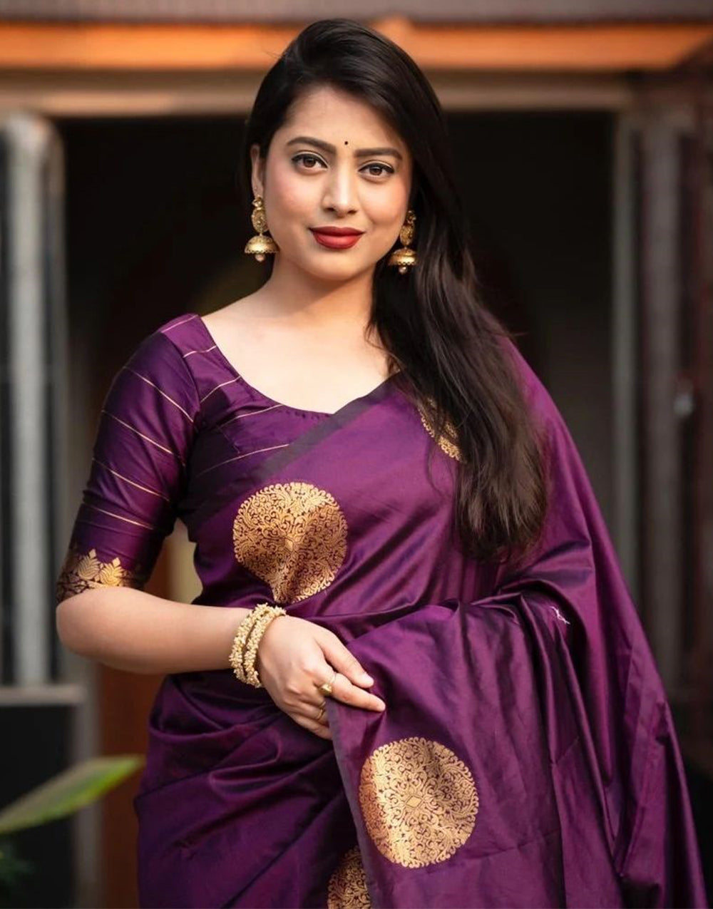 Wine Silk Saree With Zari Weaving Work