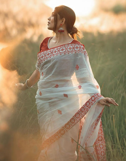 White Soft Linen Cotton Saree With Weaving Work