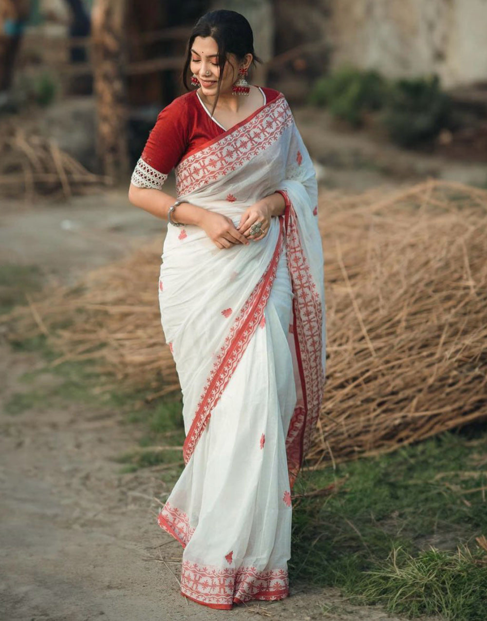 White Soft Linen Cotton Saree With Weaving Work