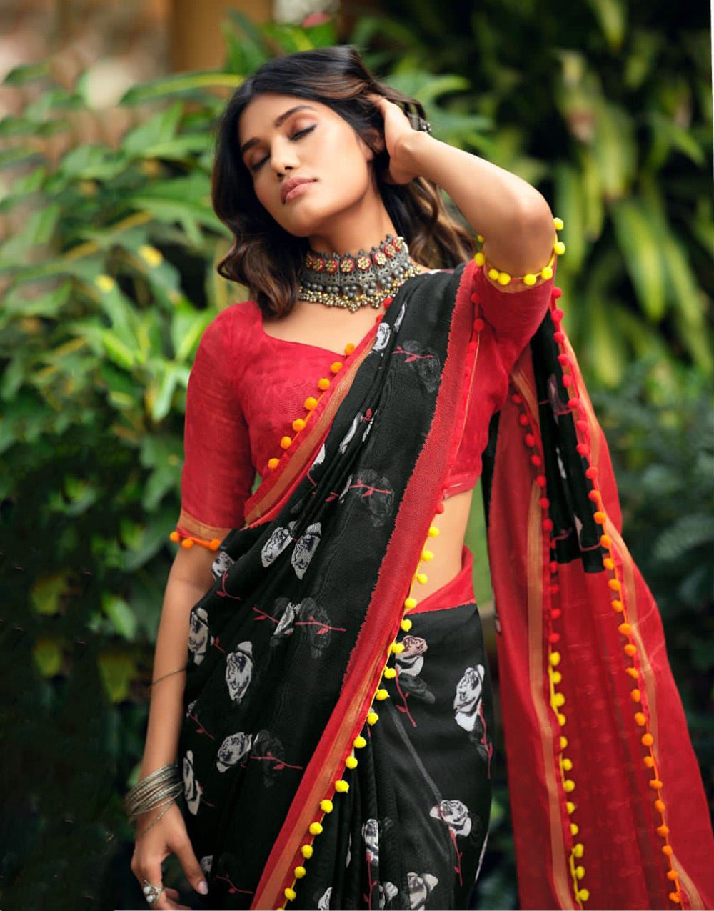 Black & Red Cotton Saree With Printed And With Pum Pum Border