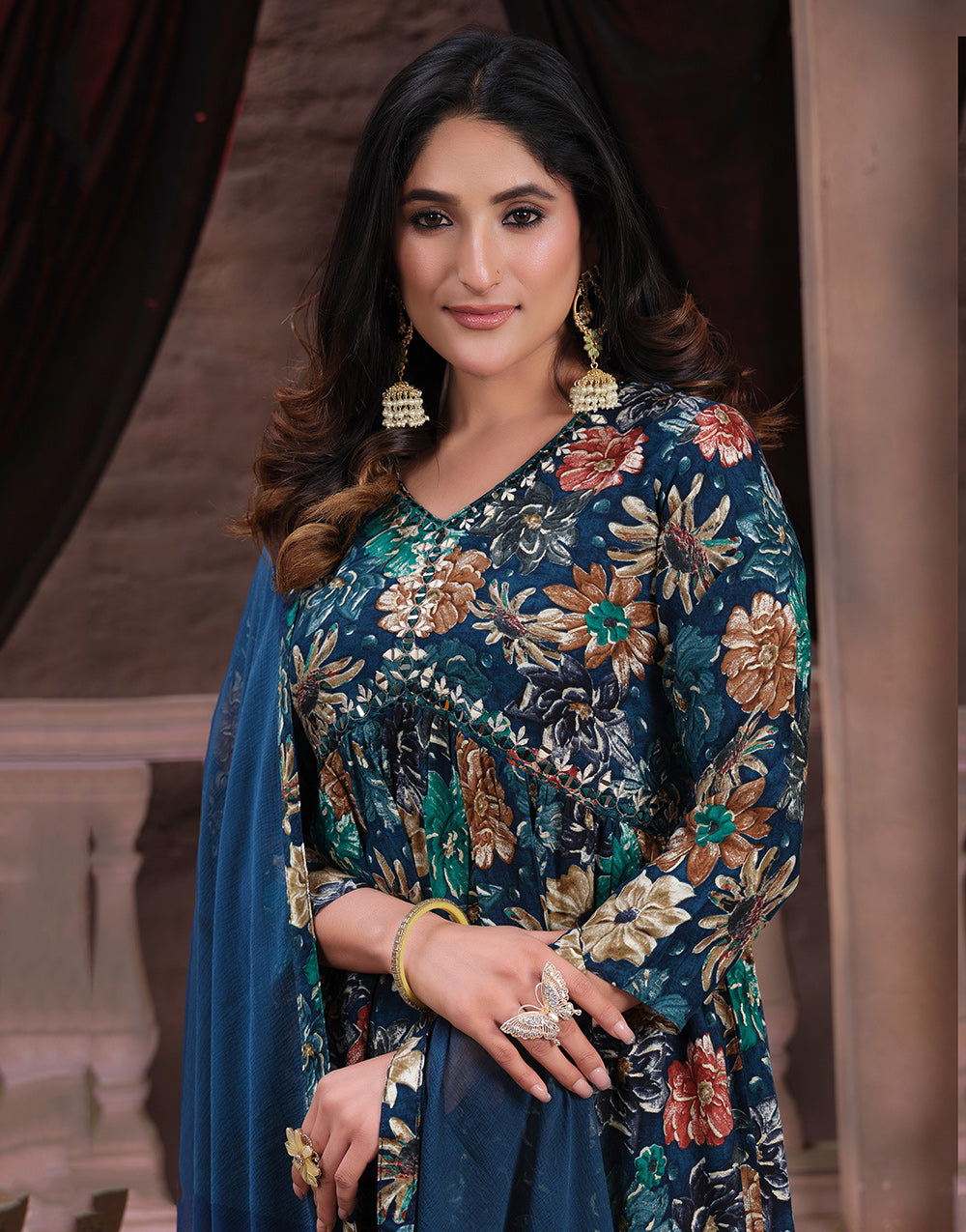 Dark Blue Rayon With Handwork & Printed Long Kurti