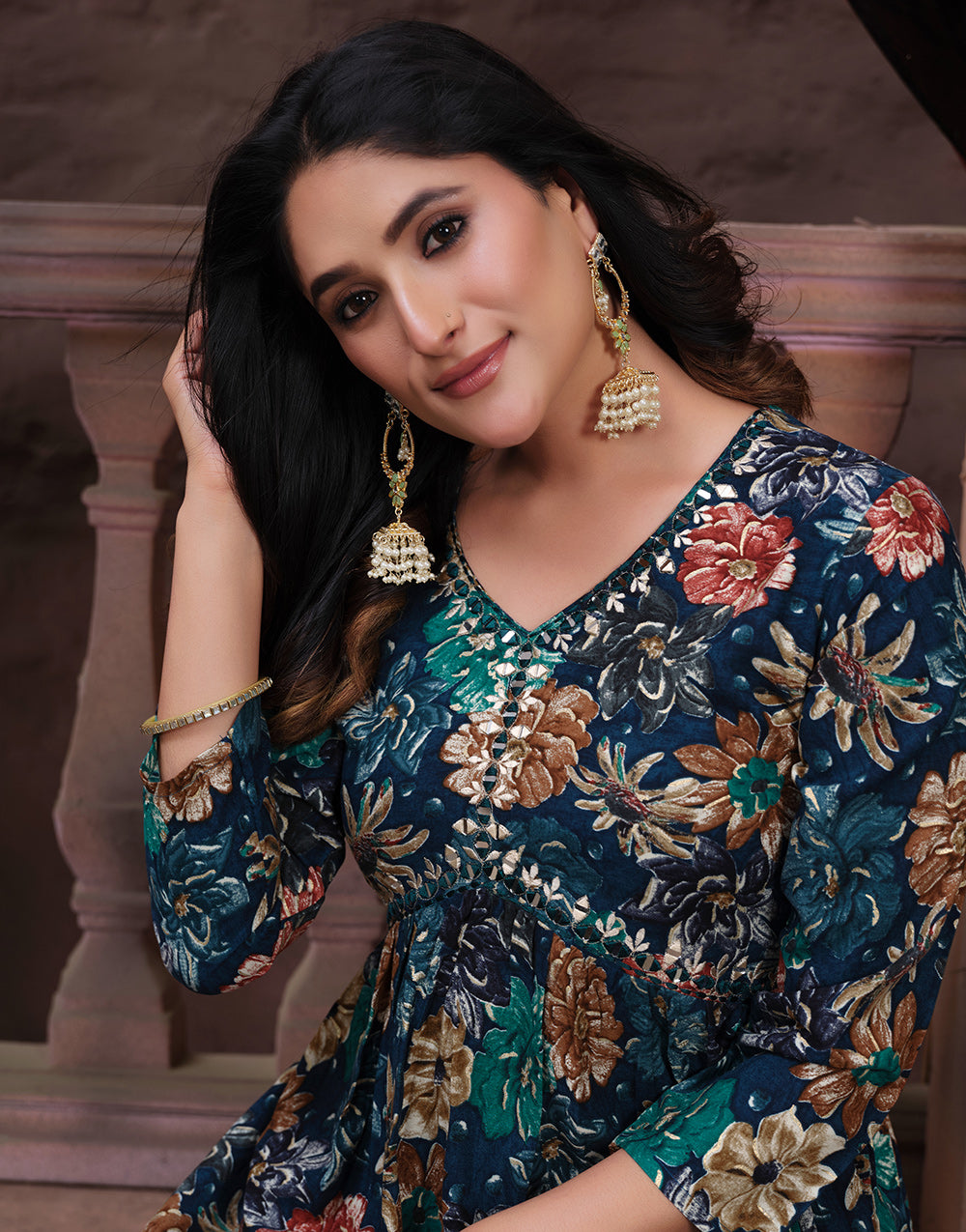 Dark Blue Rayon With Handwork & Printed Long Kurti