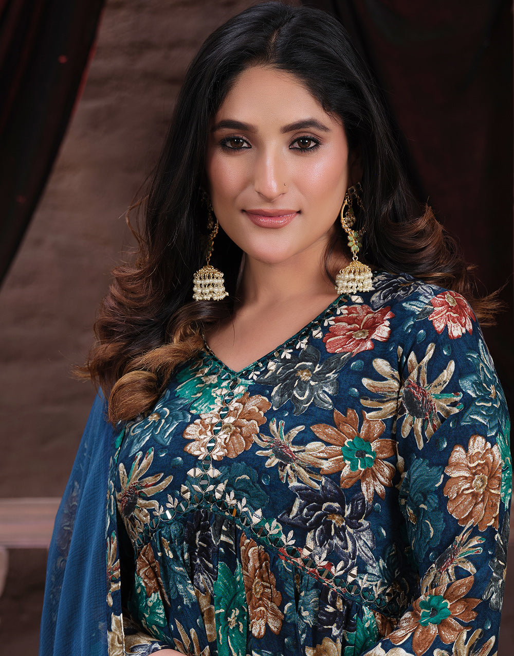 Dark Blue Rayon With Handwork & Printed Long Kurti