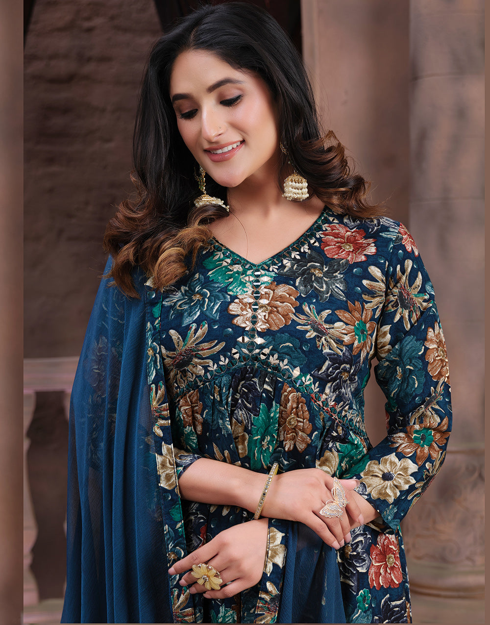 Dark Blue Rayon With Handwork & Printed Long Kurti