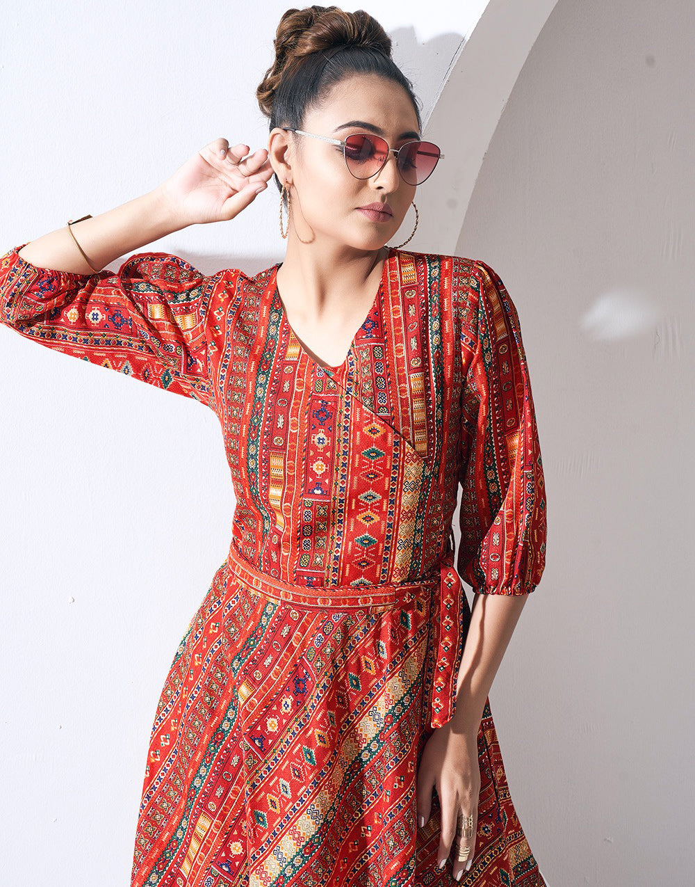 Red Cotton With Printed Western Shorts Dress