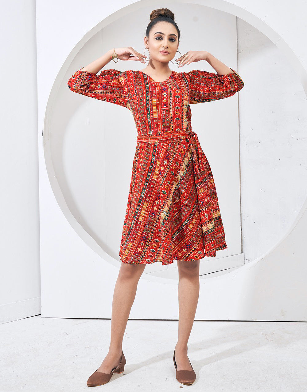 Red Cotton With Printed Western Shorts Dress