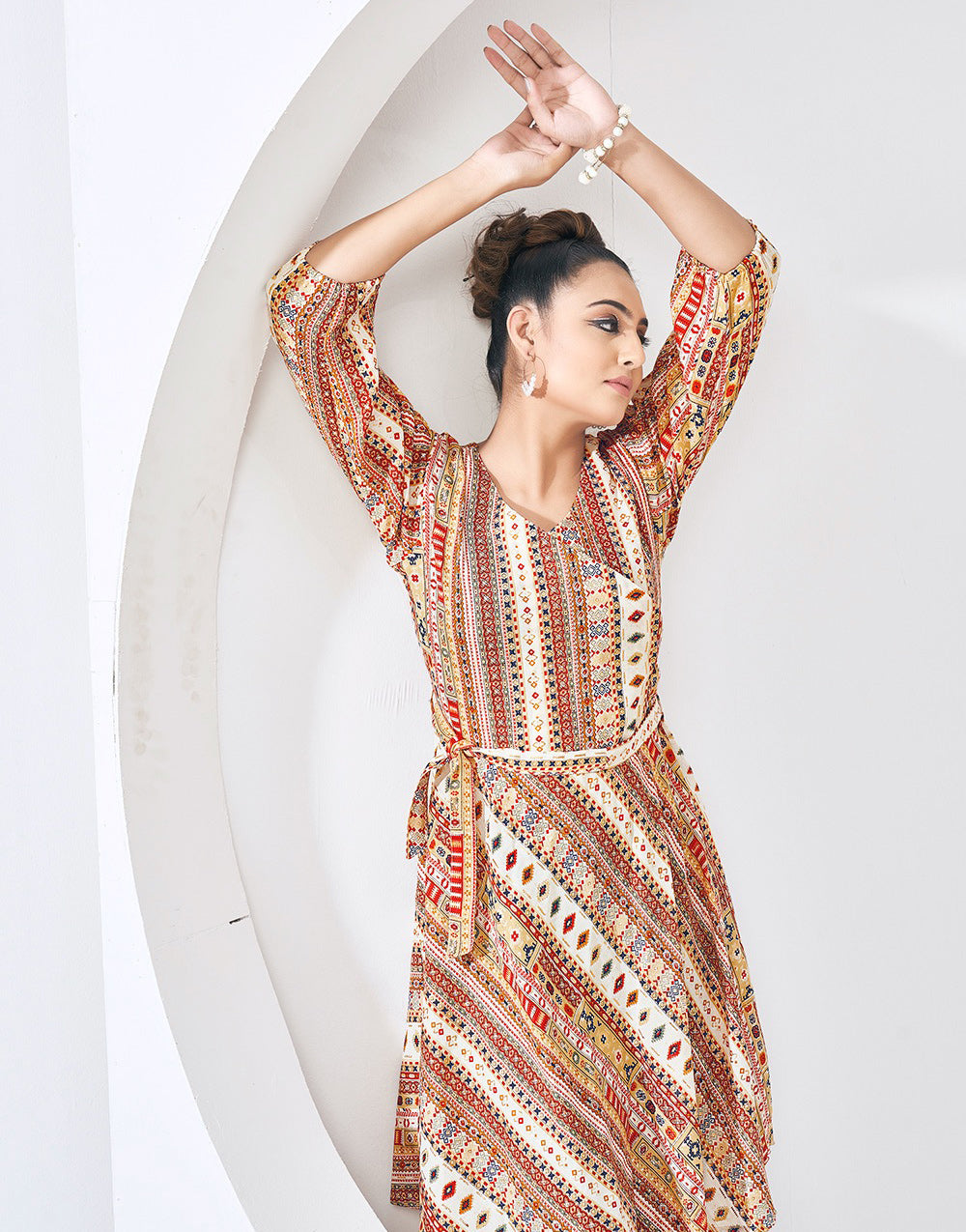 Beige Cotton With Printed Western Shorts Dress