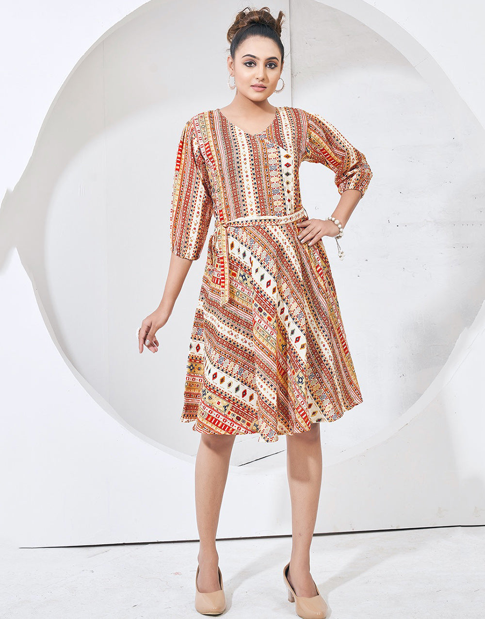 Beige Cotton With Printed Western Shorts Dress