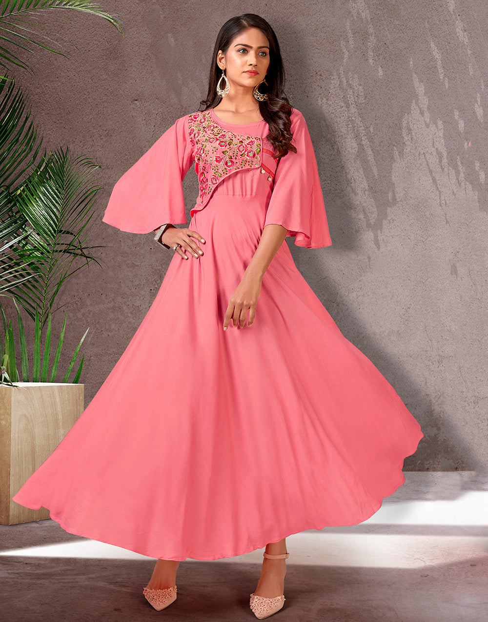 Georgia Peach Rayon Cotton With Heavy Embroidery Long Kurti